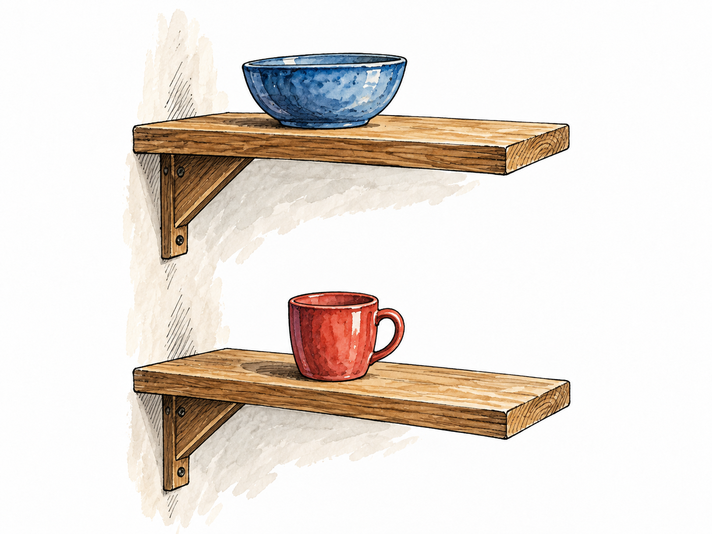 Upper shelf holds a blue bowl while lower shelf holds a red cup, clear higher versus lower.