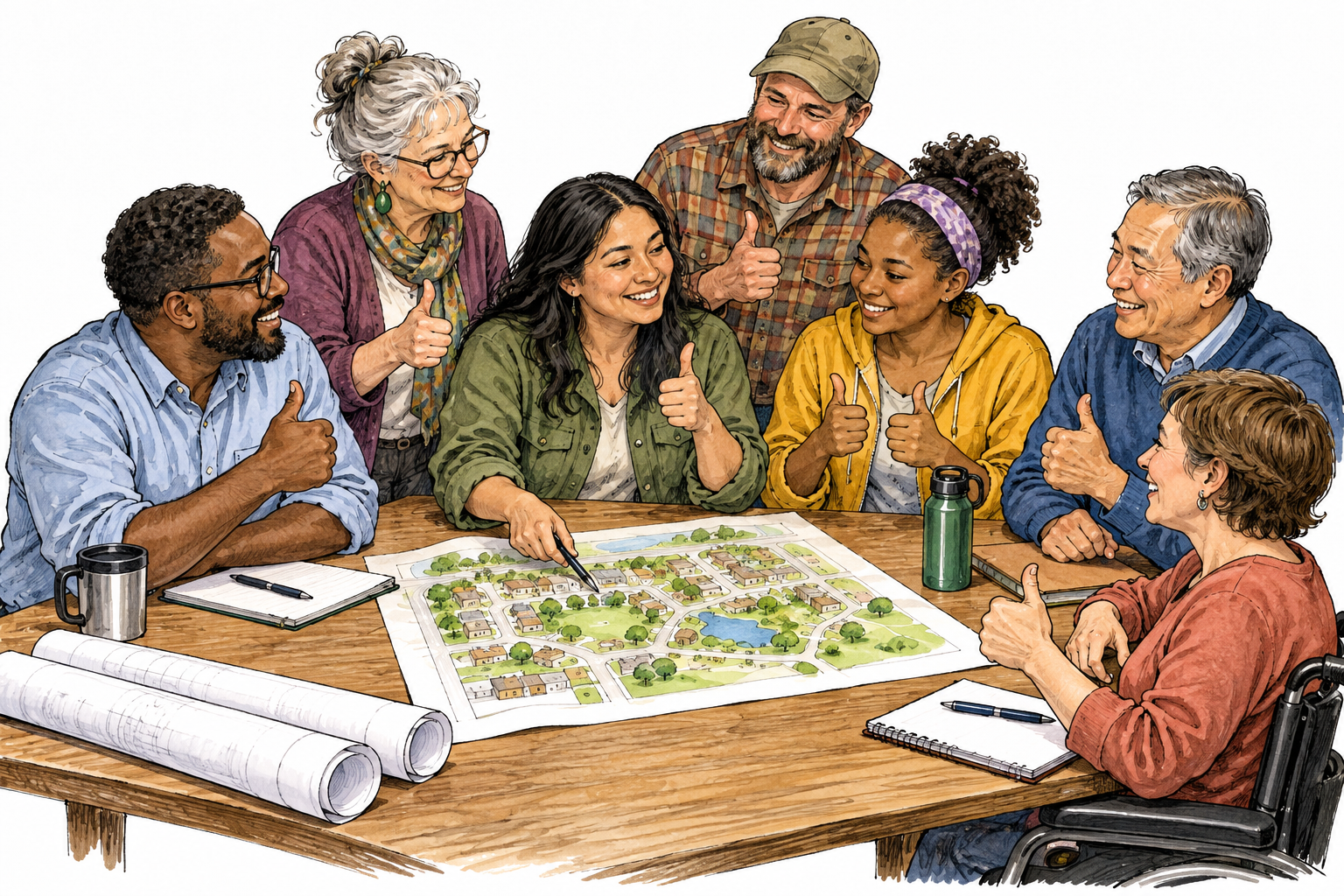 A diverse community committee reaches agreement around one shared neighborhood plan, everyone signals assent.