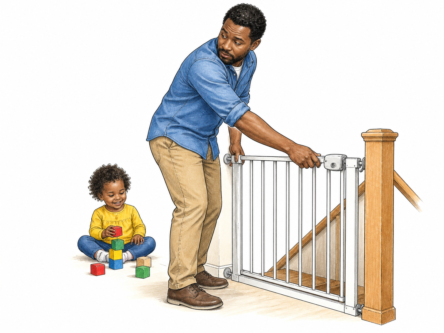 Father closes simple safety gate at stair opening while toddler plays safely behind him; wary protective glance and gate action show prevention of feared fall, no accident depicted.