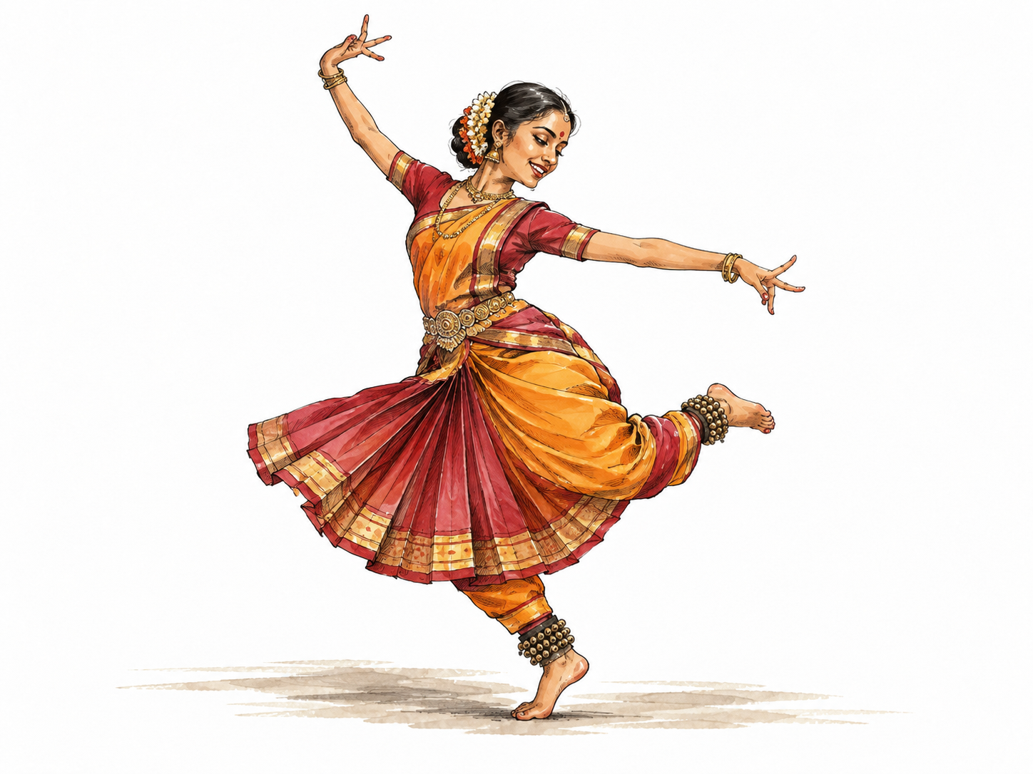 A South Asian dancer moves with lively expressive energy, realistic anatomy and vibrant clothing.