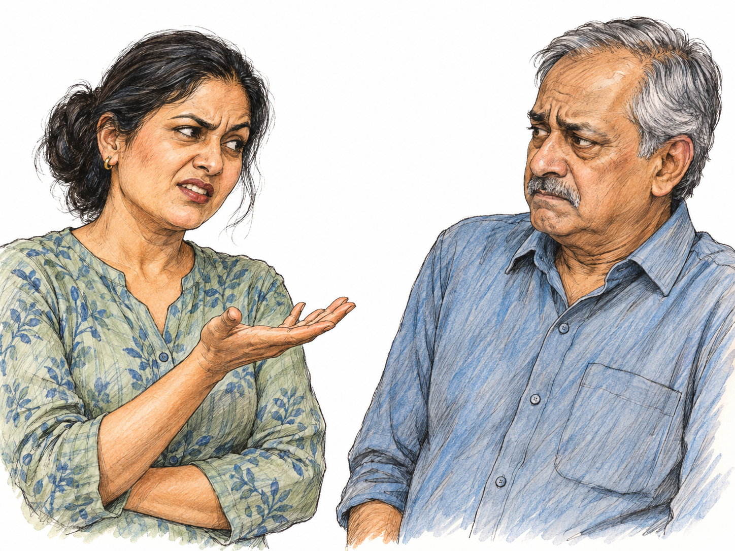 A woman delivers a cutting, sarcastic remark with a tight half-smile and a dismissive palm-up gesture; the man facing her recoils slightly, visibly stung by her harsh expression.