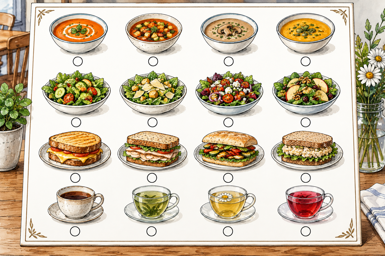Cafe menu card displays only clear small illustrations of soup salad sandwich and tea in neat rows with selection circles, no words or prices.