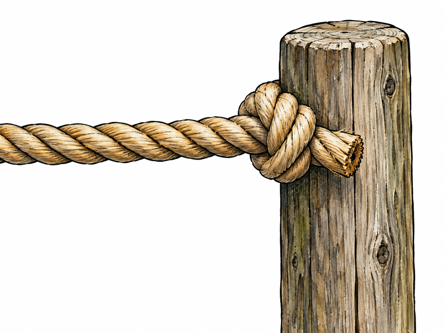 A finished rope ends abruptly in a clean tied-off knot at a final post, with no continuation beyond it; concrete ending of a process.