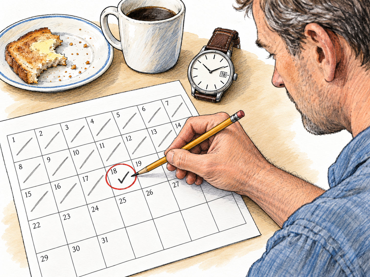 A man marks the present day's calendar square during breakfast: earlier dates are crossed off, the current date is ringed, and later dates remain untouched.