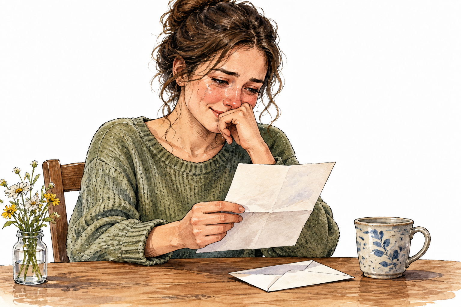 A sensitive young adult looks moved by a heartfelt letter, subtle tears and realistic restrained expression.
