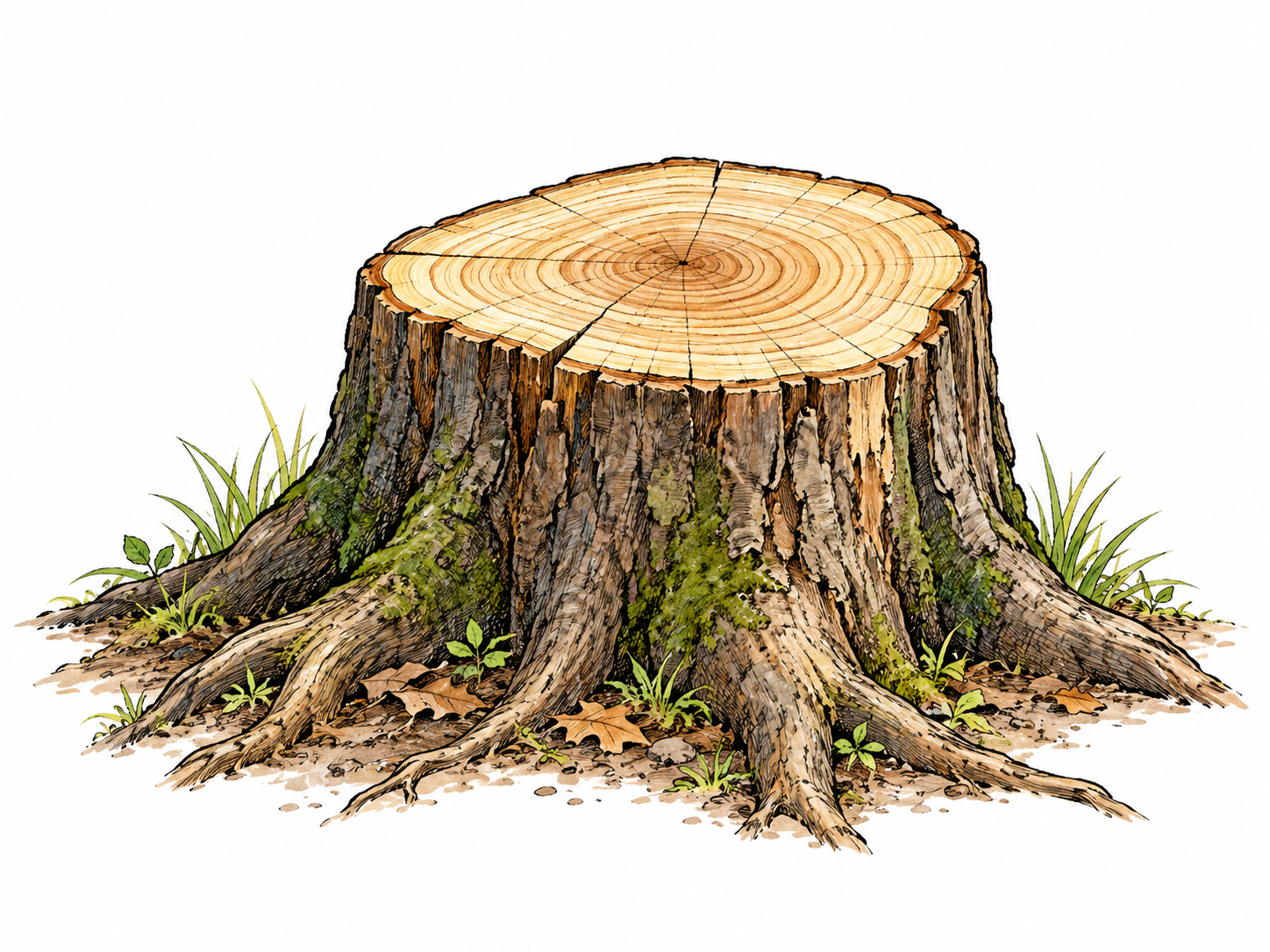 A tree stump with growth rings and roots remains after the trunk was cut away; no person required.