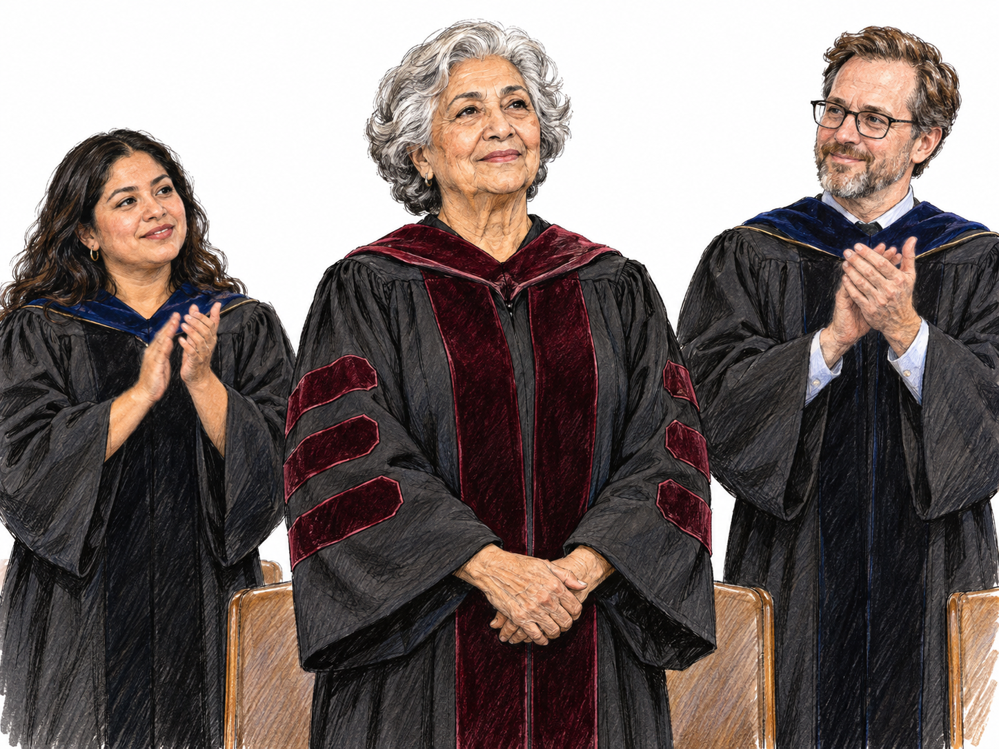 An august elder scholar stands with composed dignity in academic robes while two younger scholars rise beside her and applaud respectfully.