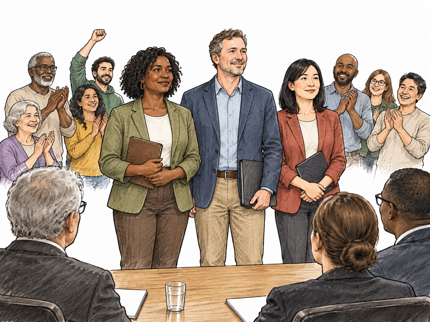 Three selected community representatives stand together facing a meeting table while a larger group behind sends them off with supportive gestures.