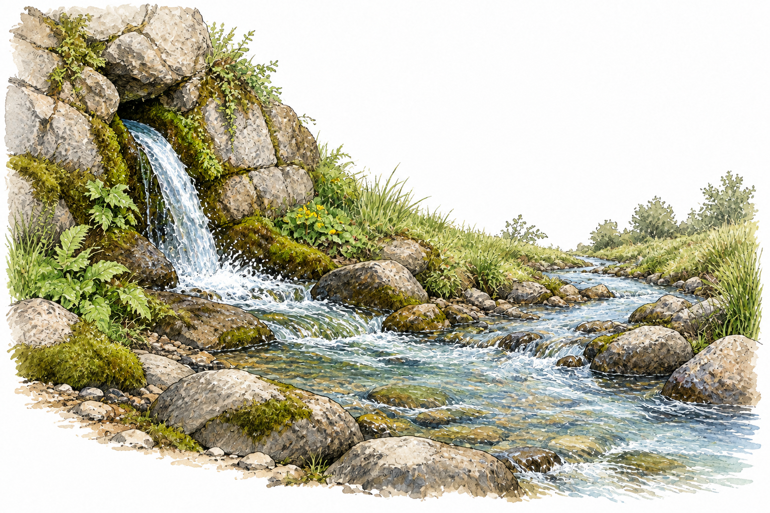 A stream clearly originates from one freshwater spring emerging from a rock face, flow connecting source to downstream channel.