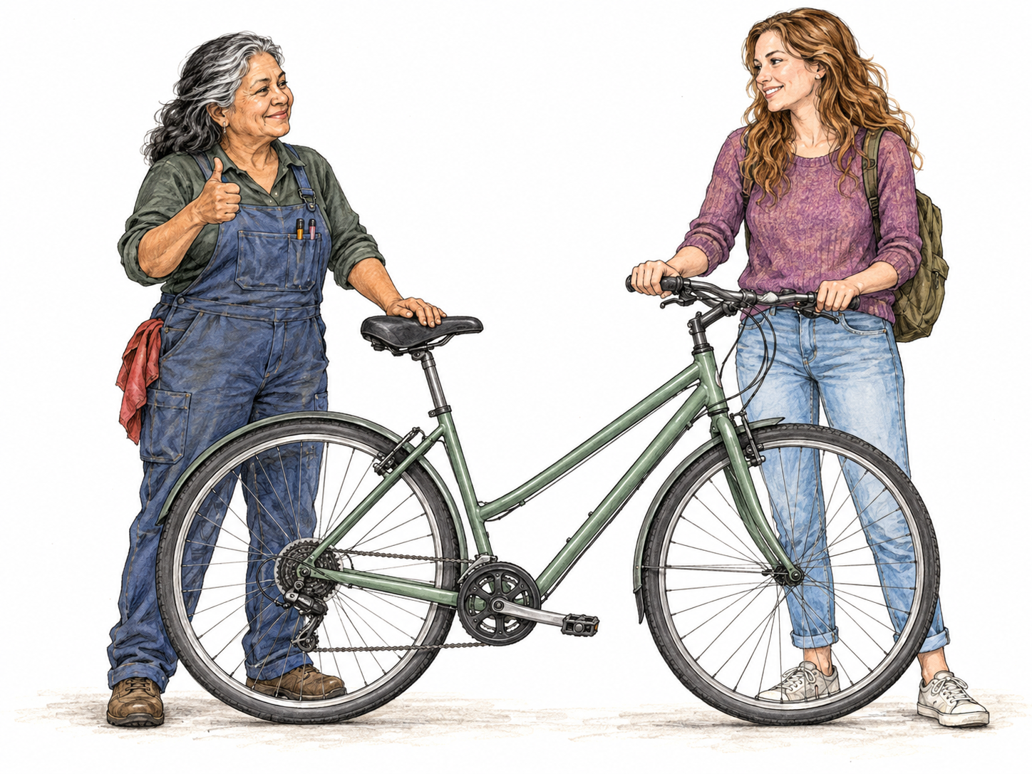 A bicycle passes a simple condition check: an older mechanic gives a relaxed thumbs-up beside an intact, neatly aligned bicycle while its owner smiles with quiet satisfaction.