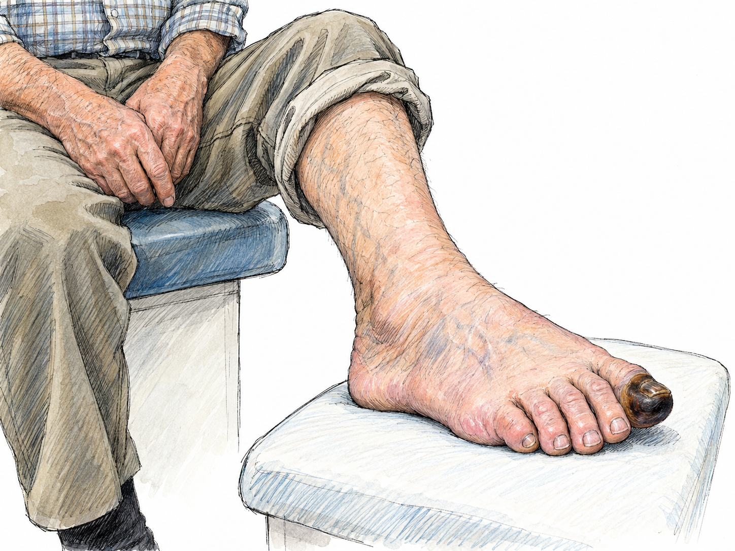 A restrained clinical view of an older man's bare foot resting on an examination cushion, with one sharply demarcated, dry, blackened toe indicating tissue death.