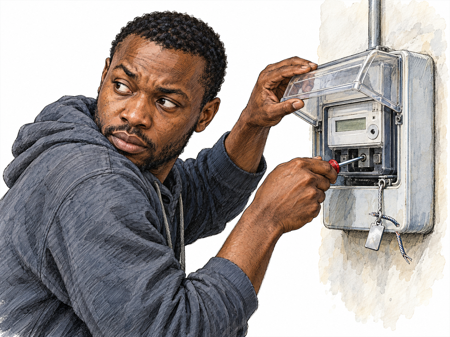 A furtive man interferes with a sealed electricity meter, using a screwdriver inside its partly opened casing while its severed security seal hangs visibly below.