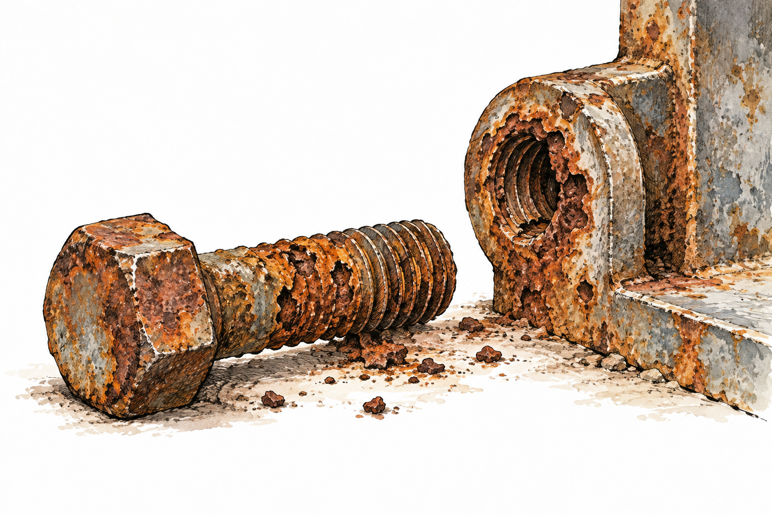 A corroded iron bolt beside its damaged metal joint, visible rust layers and deep pits, natural materials closely observed.