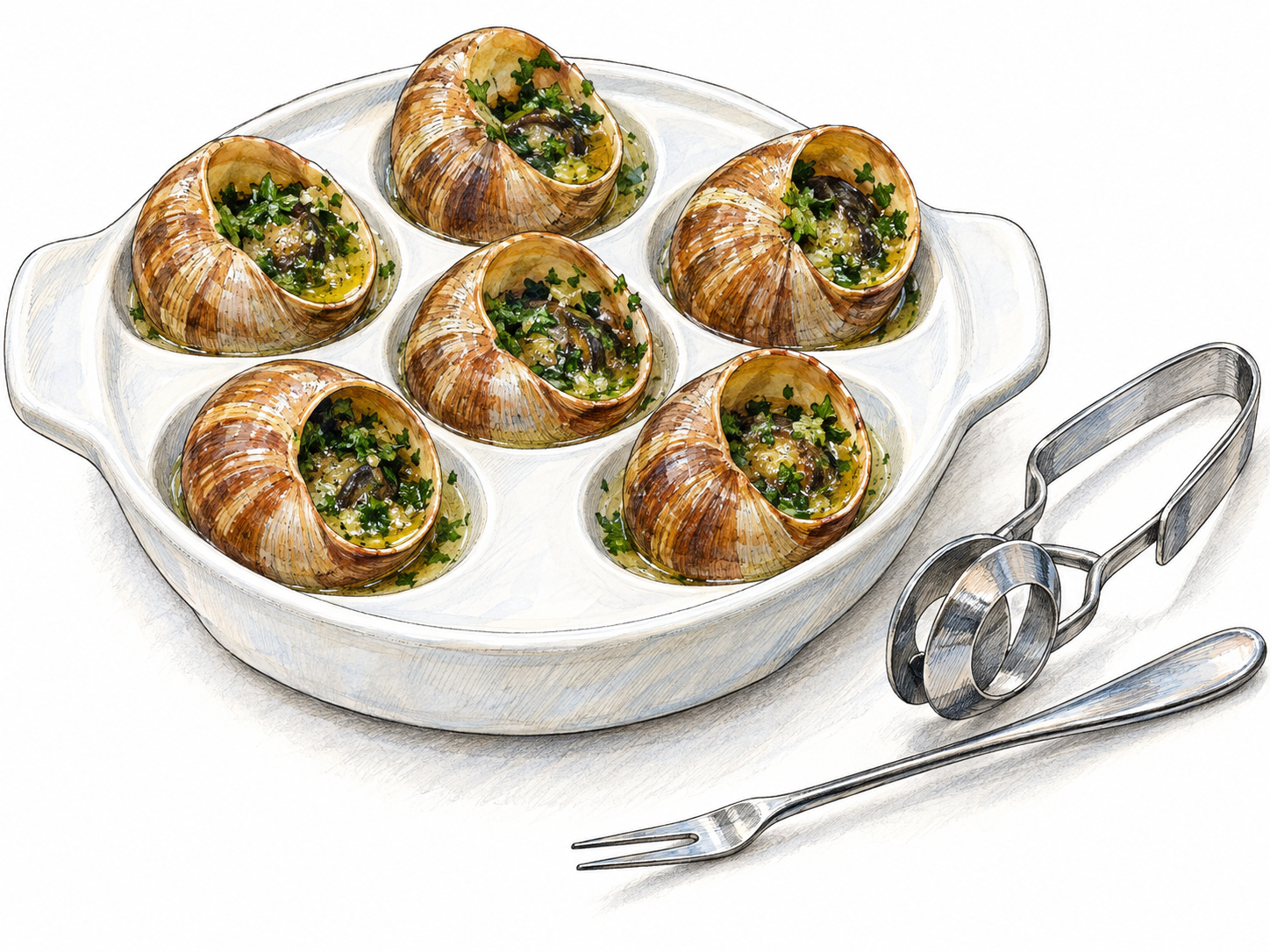 A close three-quarter view of cooked snails served in their shells in a white escargot dish, with parsley-garlic butter and specialized snail utensils making the culinary meaning explicit.