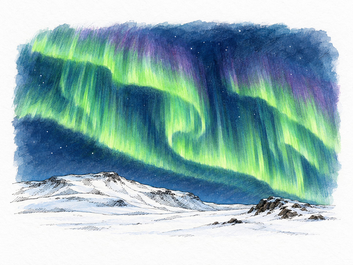 Rippling green and violet curtains of auroral light hang above a sparse, snow-covered polar landscape beneath a starry night sky.