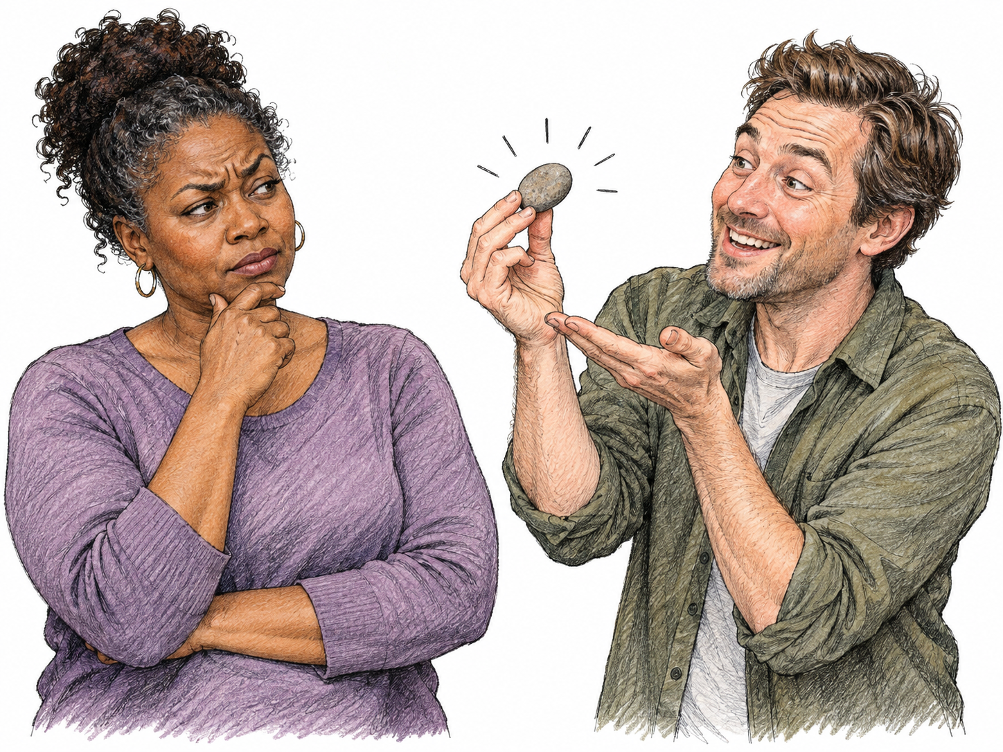 An adult raises skeptical eyebrows at a clearly implausible claim depicted by an ordinary pebble presented as a giant jewel, with no spoken text; unwillingness to believe.