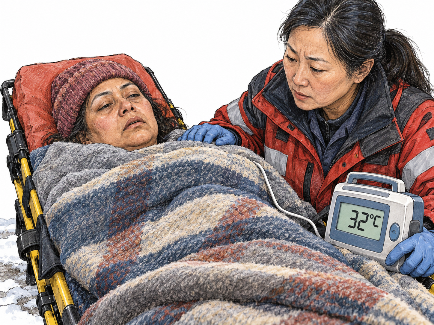 A cold-exposed, lethargic patient lies insulated on a rescue stretcher while a paramedic checks a medical temperature monitor reading 32°C.