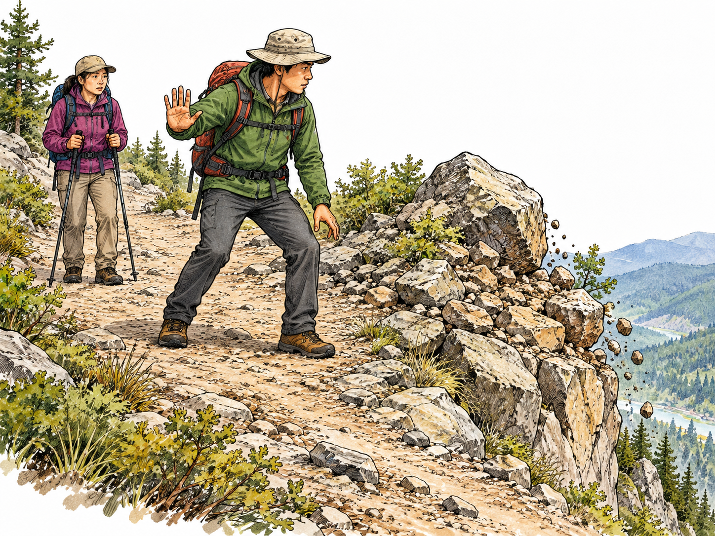 An East Asian hiker stops cautiously before loose rocks at a trail edge and raises a warning hand to a companion behind.