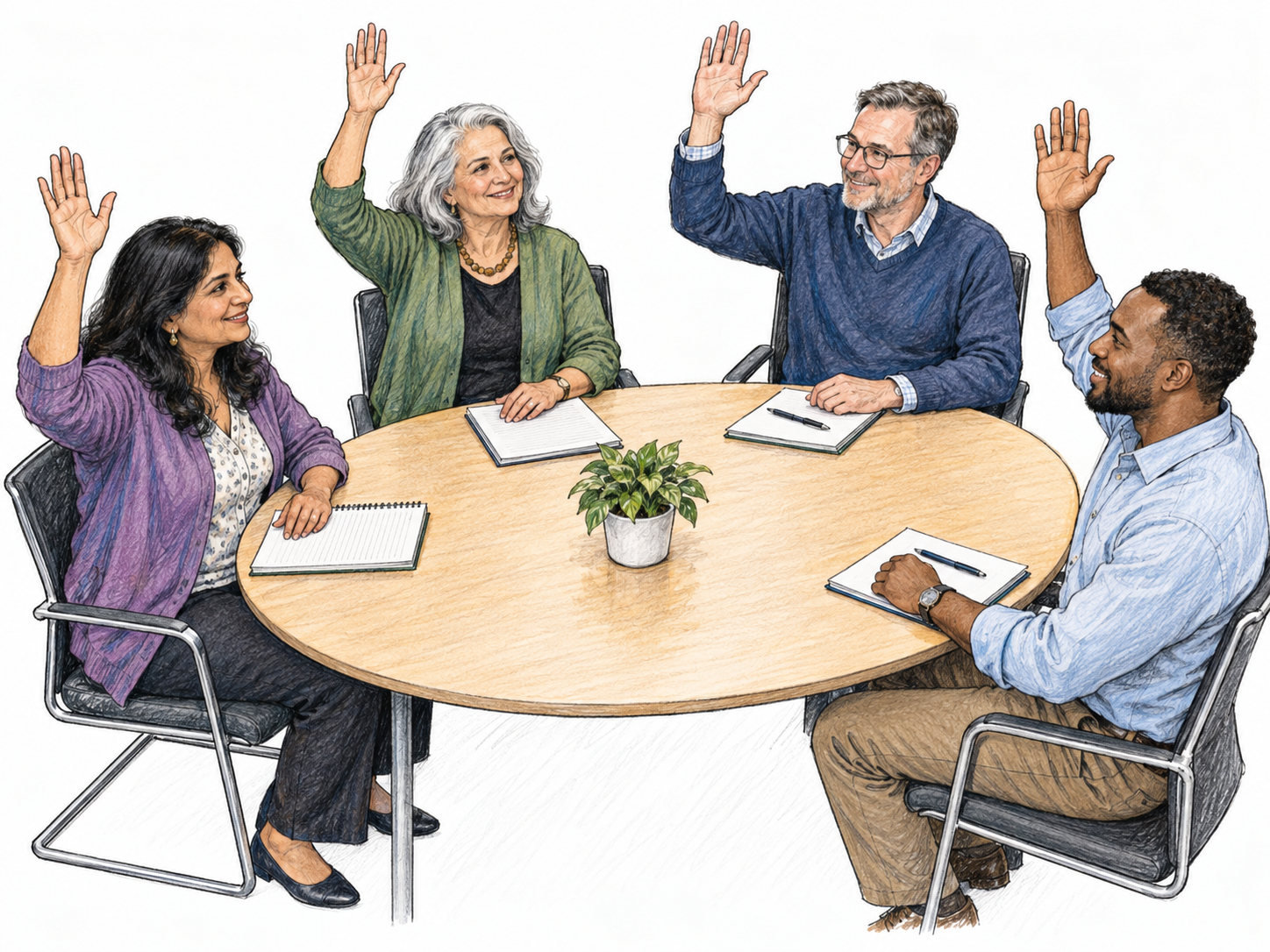 A small committee votes by show of hands around one table.