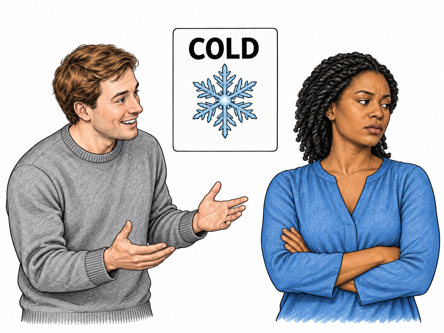 Small functional example word COLD appears on card beside snowflake for literal sense; same card also points to reserved distant adult with folded arms turning away from friendly greeter, suggesting emotional coldness.