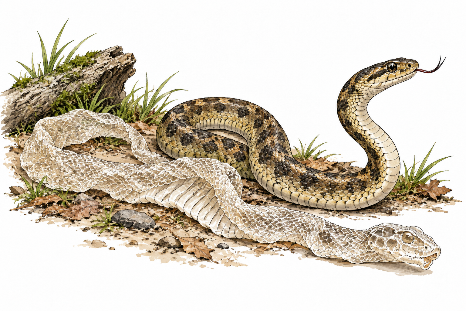 A realistic snake has shed a complete translucent old skin, fresh intact body beside it.