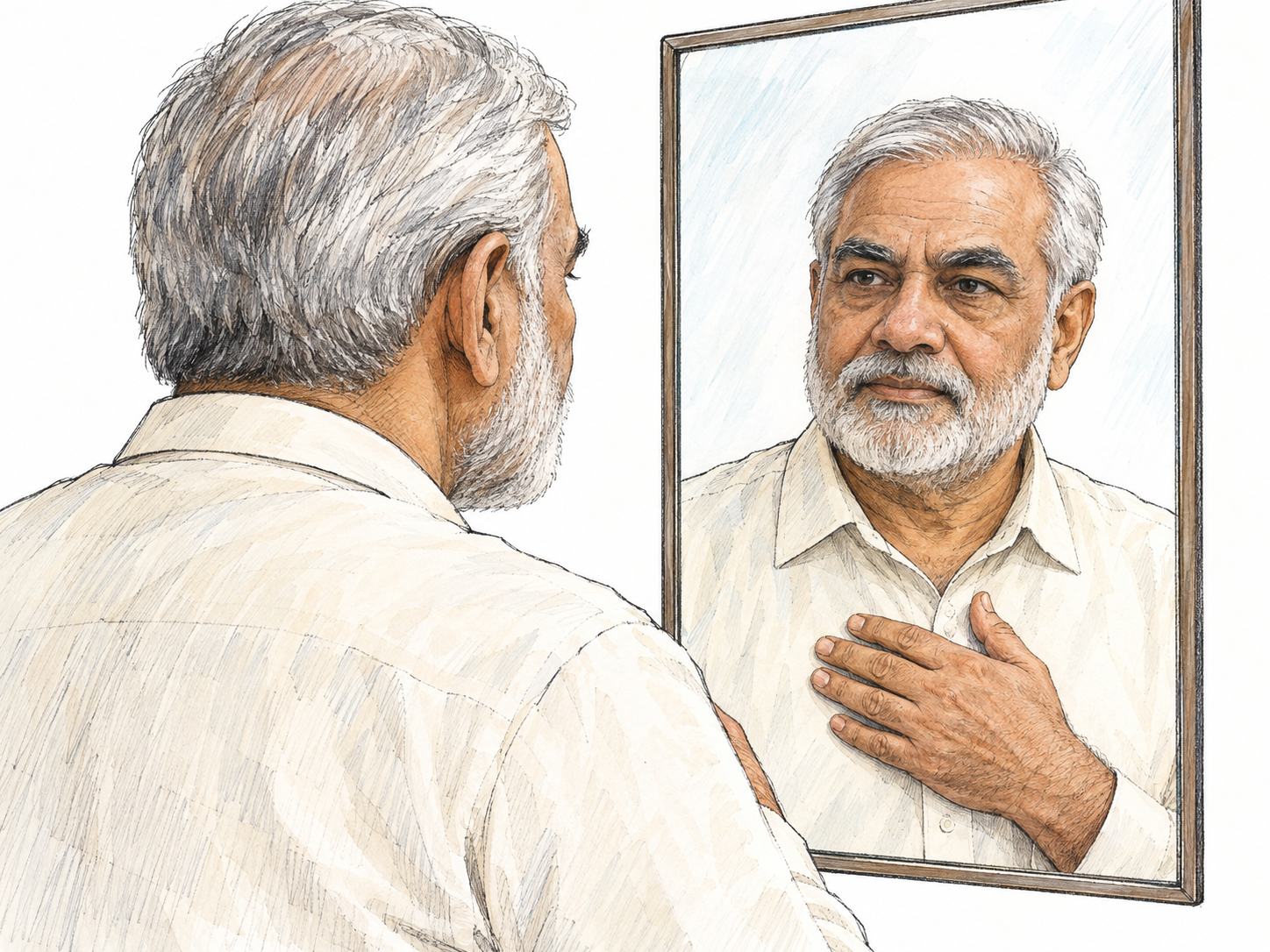 Foreground one's own person through a close, quiet encounter with one's reflection: the individual himself, rather than his age, occupation, possessions, or portrait-making, is the entire subject.