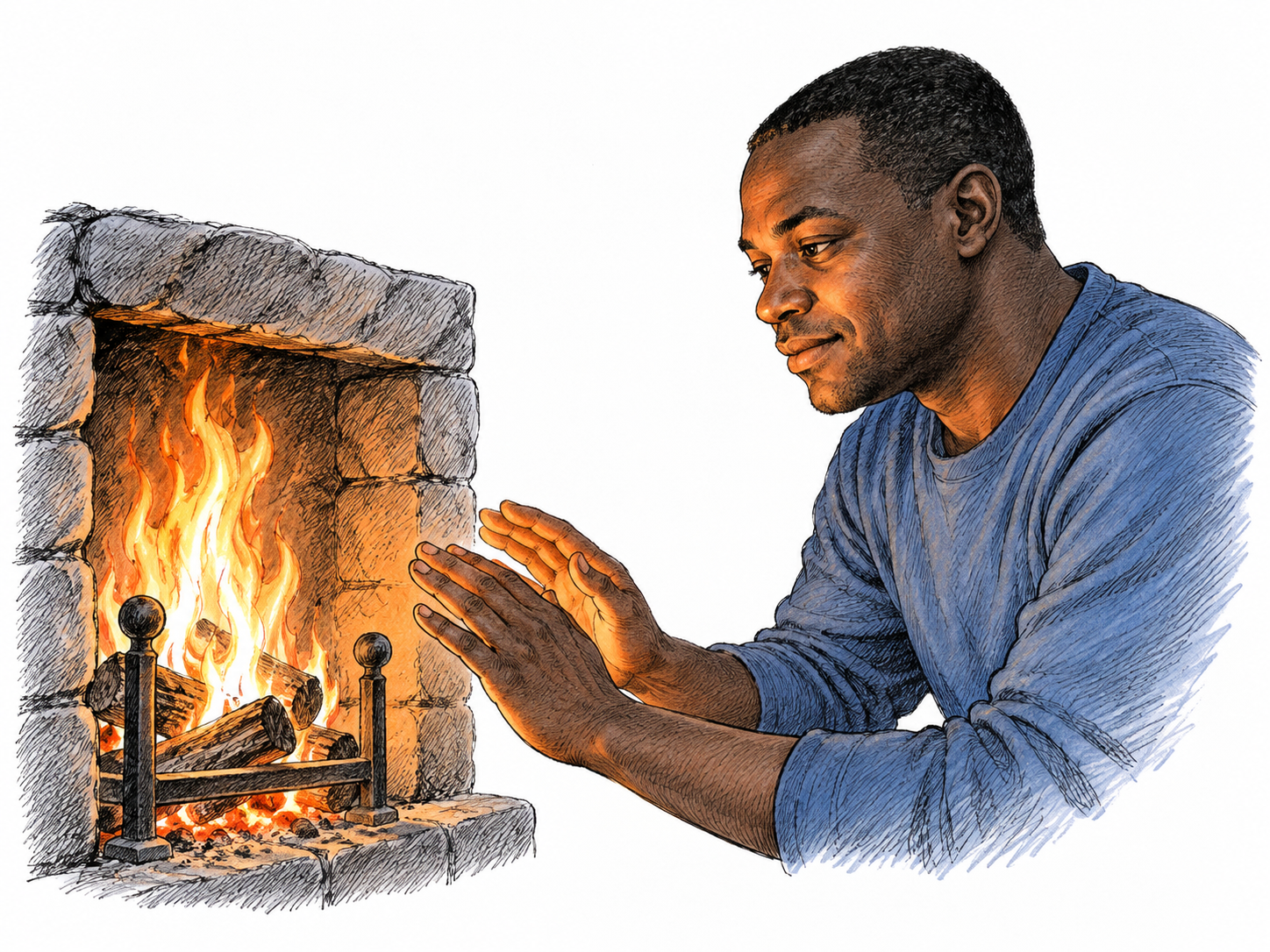 Small contained hearth fire casts warm orange light across man hands and face while surrounding figure shaded with cool ink hatching, firelight visibly coming from flames.