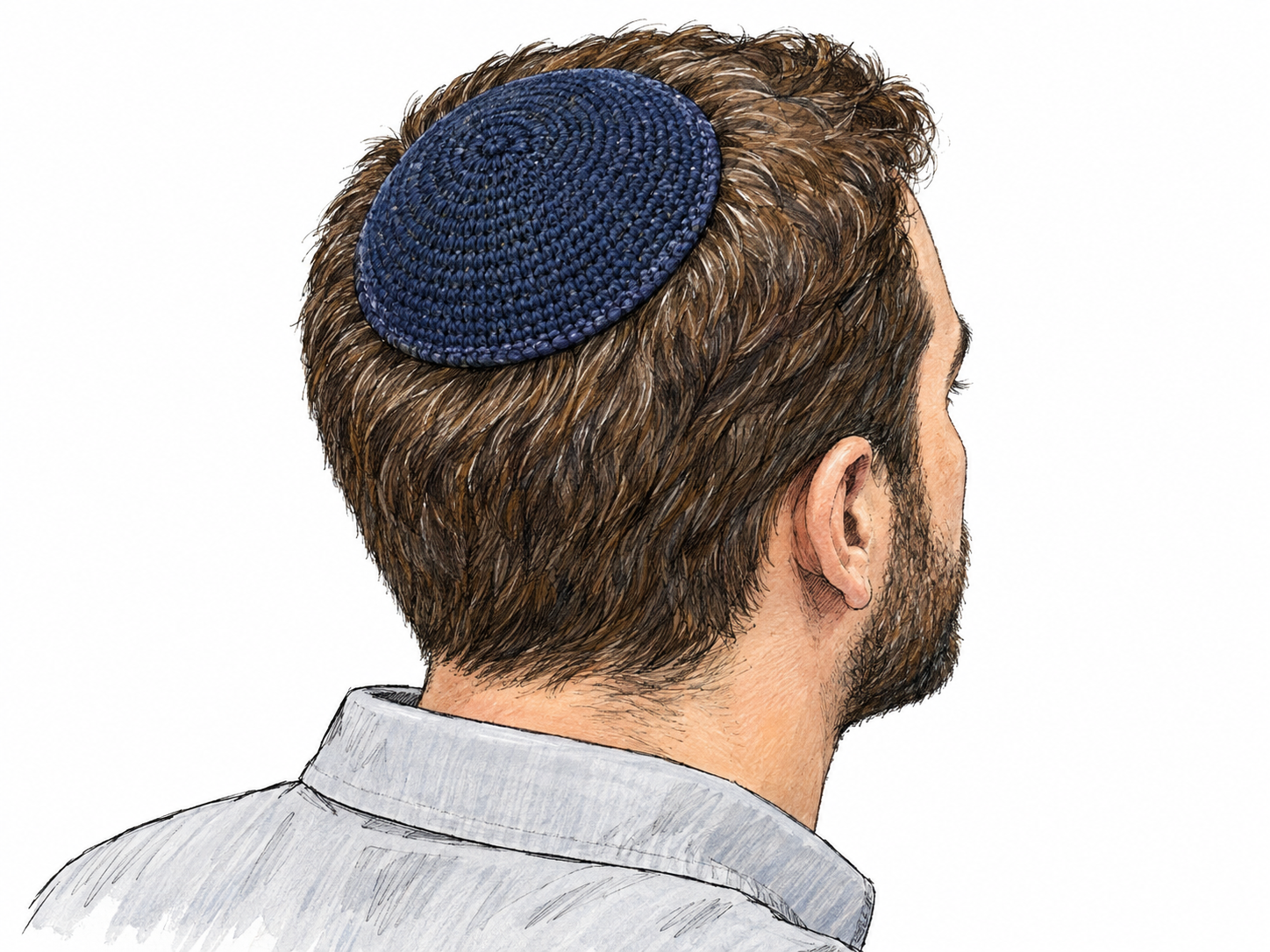 A close three-quarter rear view of a Jewish man wearing a small knitted yarmulke, with the shallow round cap clearly visible against his uncovered surrounding hair.