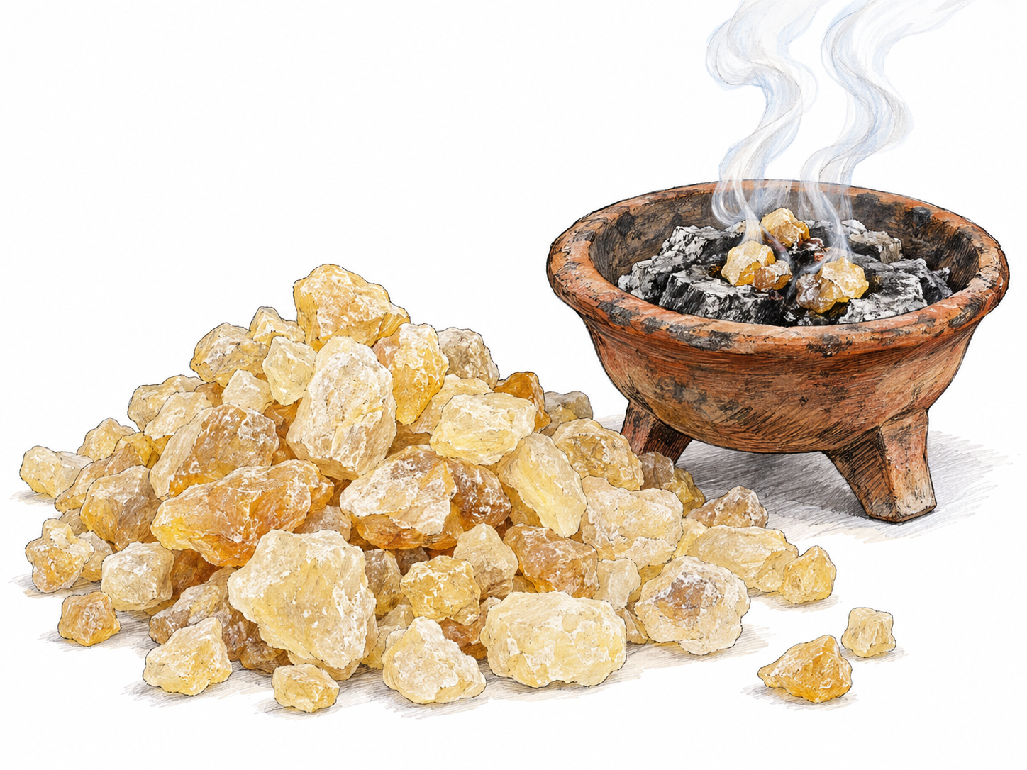 A close-up of pale golden frankincense resin tears beside a small incense burner, with matching resin pieces smoldering on charcoal.