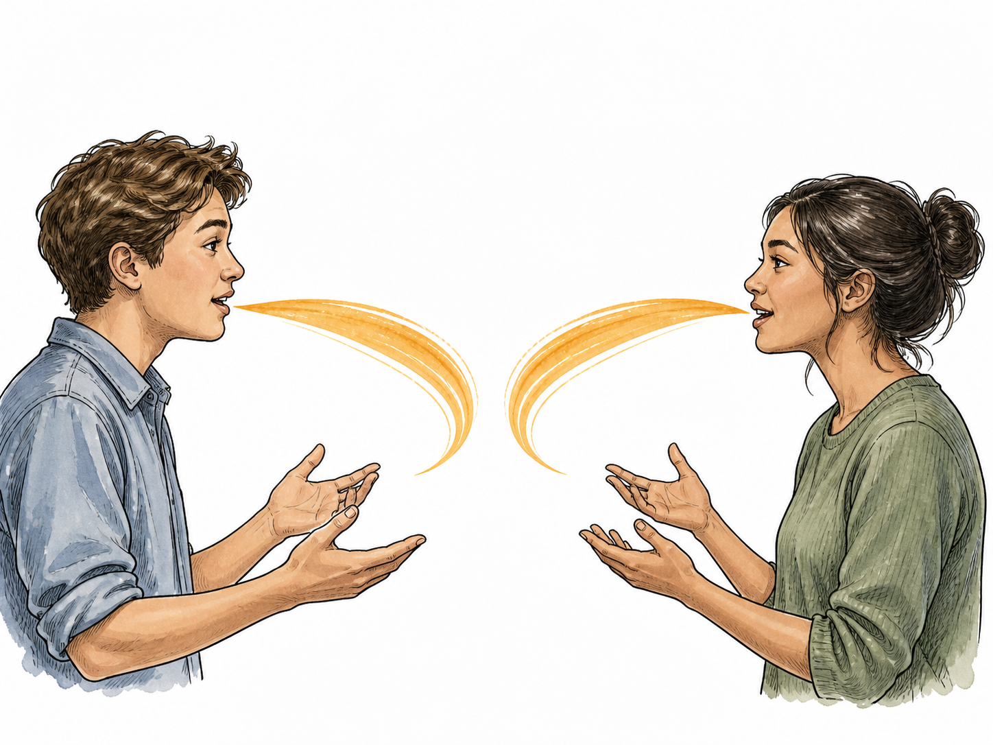 Two facing speakers have precisely identical patterned speech ribbons, matching shapes in identical order, no text.