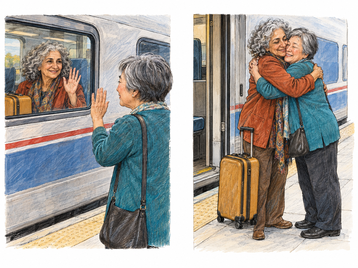 A text-free two-panel sequence shows two older friends parting at a train and then embracing when the traveler returns.