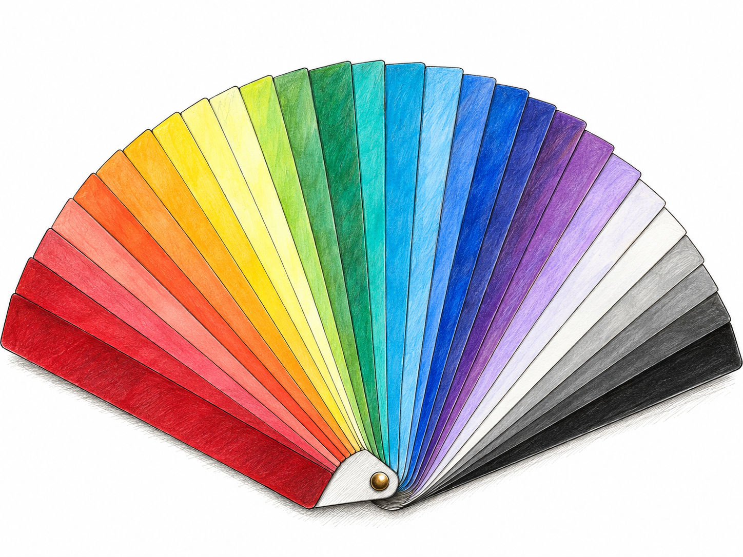 An open artist’s color-swatch fan displays a complete visible progression of hues, from reds through oranges, yellows, greens, blues and violets, with a separate tonal progression from white through grays to black.