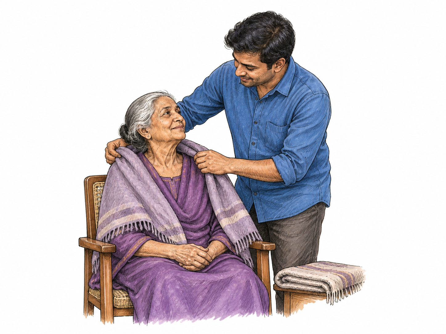 An adult son tenderly helps his elderly mother wrap a shawl around her shoulders while she sits comfortably; calm attentive expression and gentle steady hands convey deep devoted care.