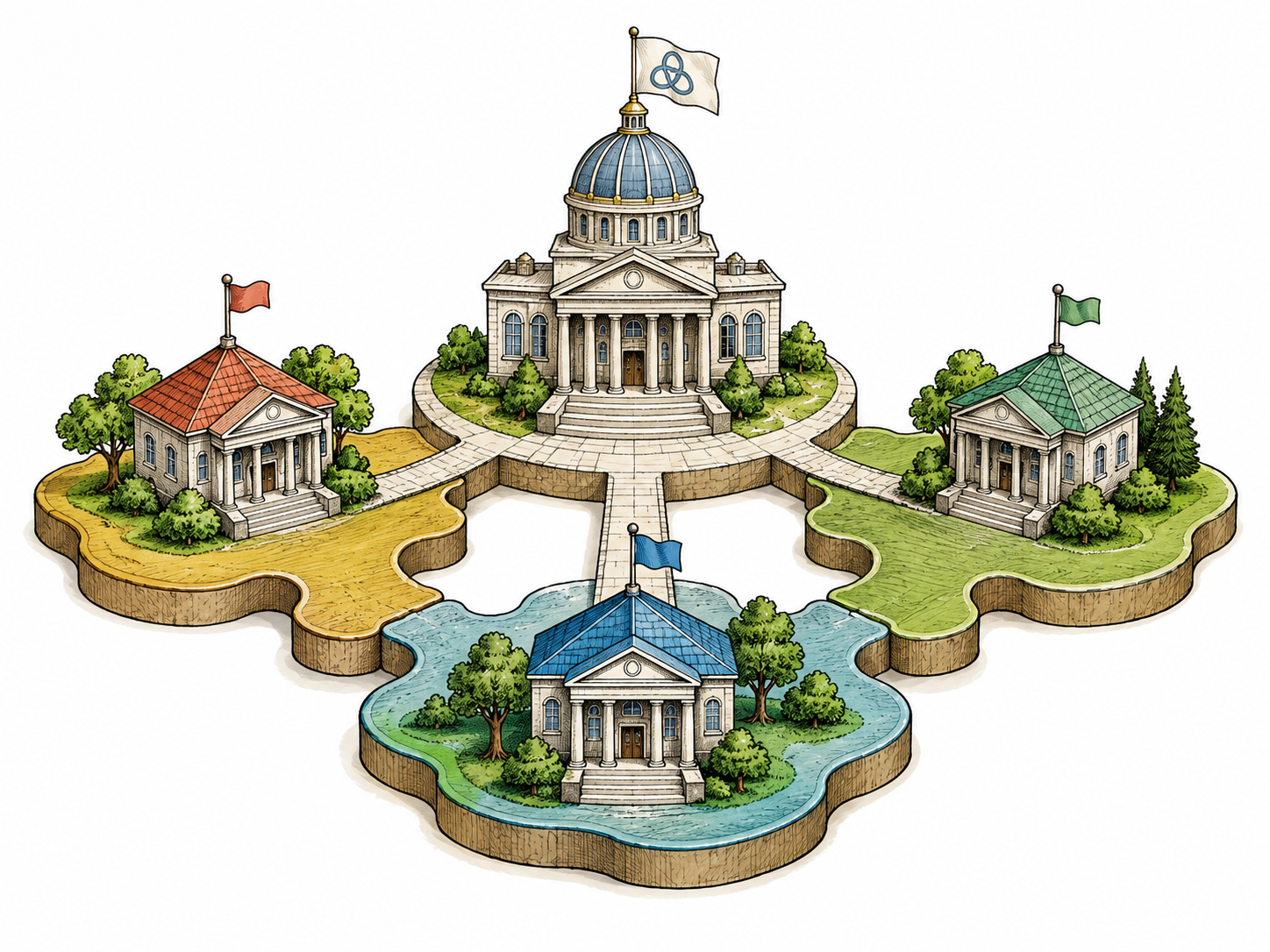 Three miniature interlocking regions each have a small local council building and connect to one common assembly building, a physical tabletop model of a federation under shared authority.