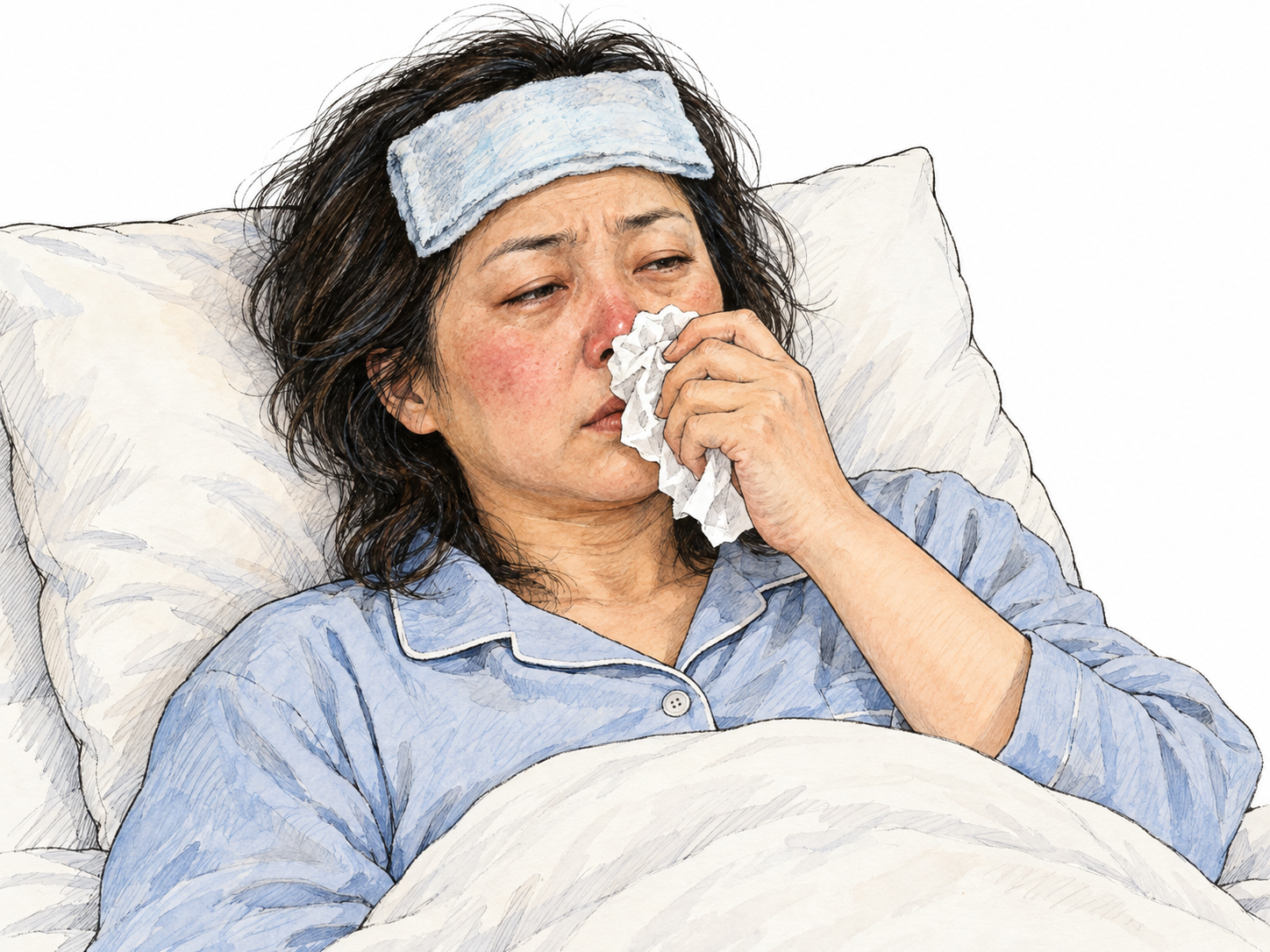 A visibly unwell woman reclines in bed, flushed and heavy-eyed, holding a tissue to her reddened nose with a cooling cloth on her forehead.