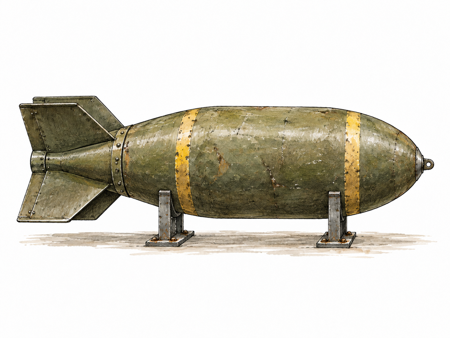 An inert historical aerial bomb displayed horizontally on museum supports, no cutaway or construction detail.