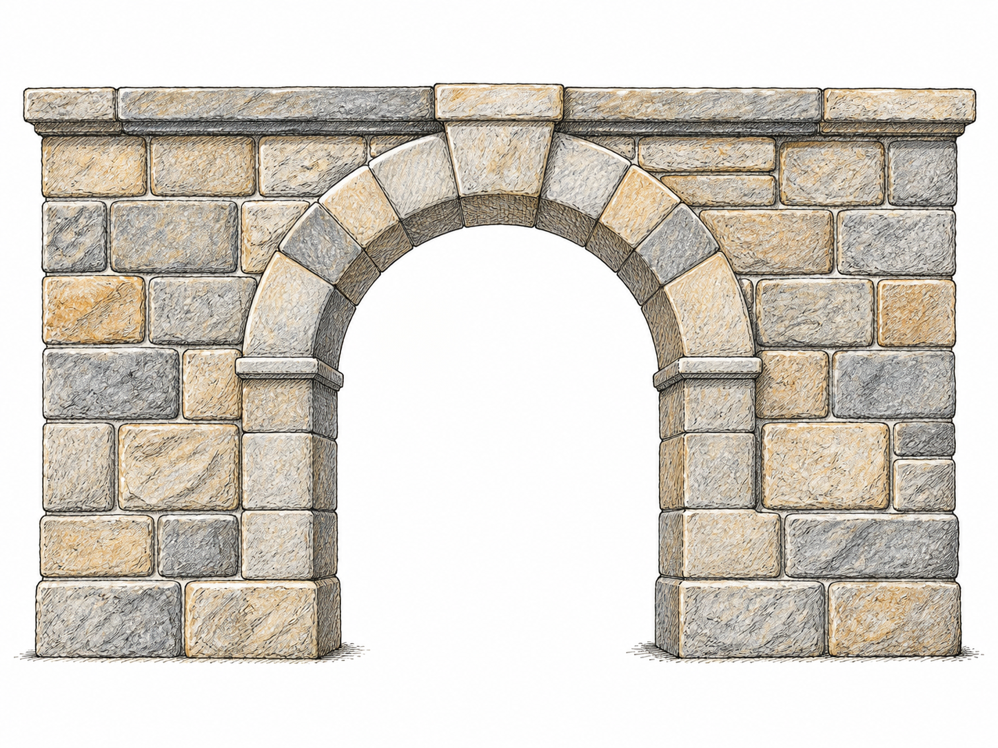 A compact section of carefully shaped masonry wall and arched opening shows fitted dressed stone blocks and mortar joints, no people or loose natural boulders.