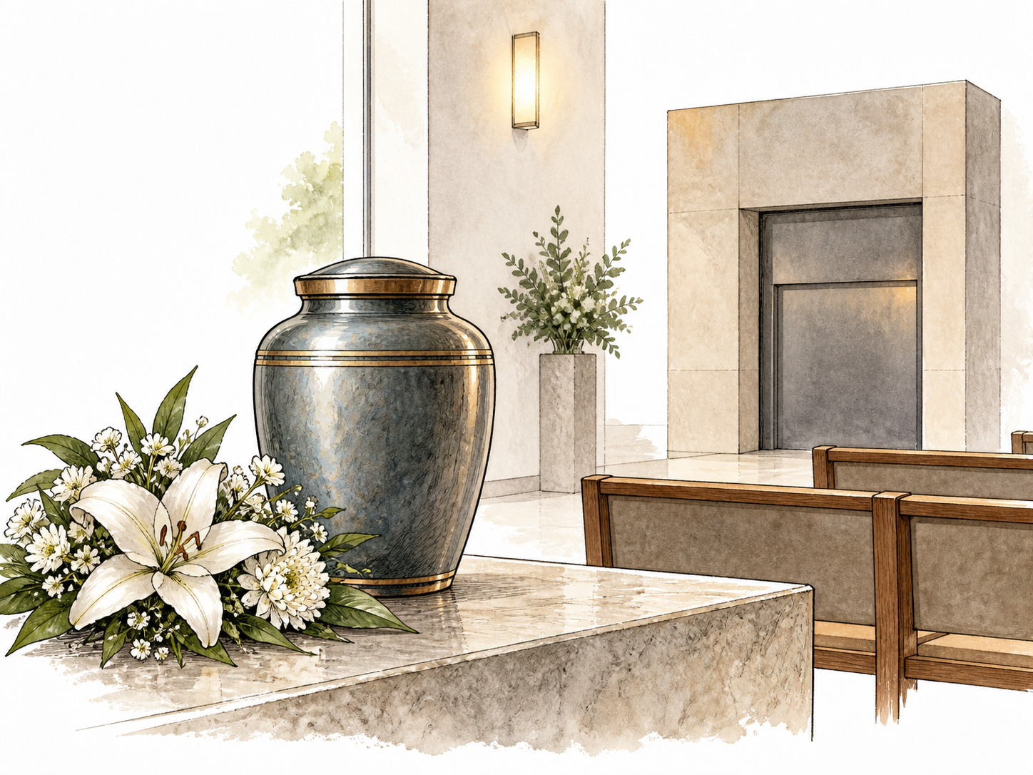 A dignified sealed memorial urn beside white flowers in a quiet crematorium remembrance room; no body or fire shown.