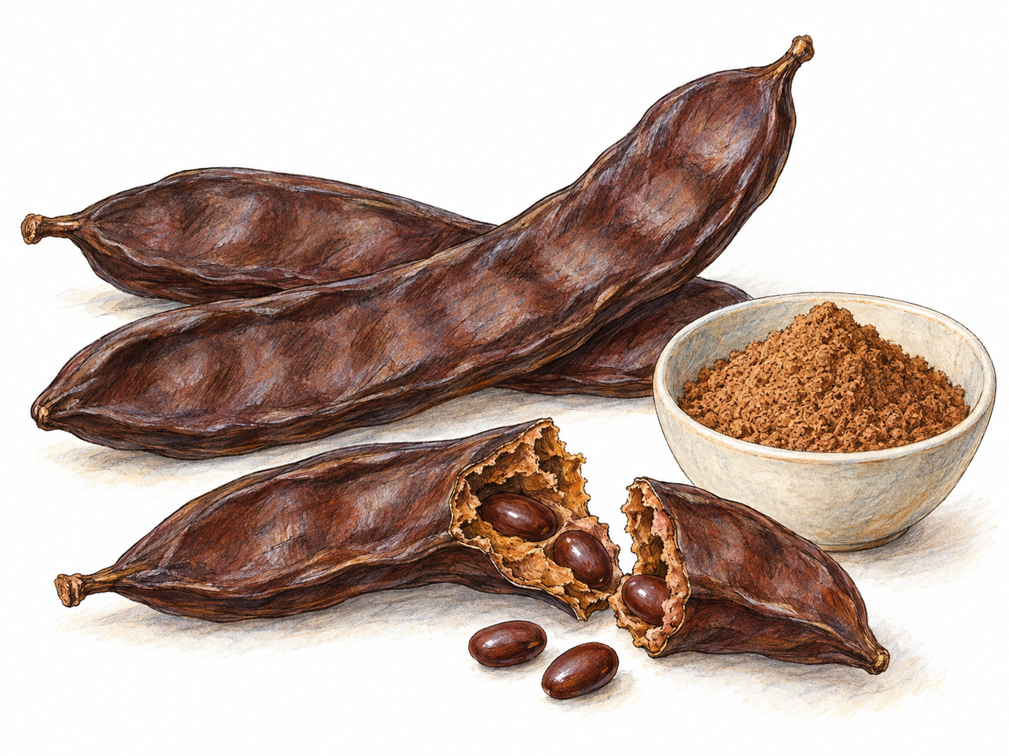 A botanical food still life of ripe carob pods, with one broken open to show its thick brown pulp and hard seeds, beside a small bowl of ground carob powder.