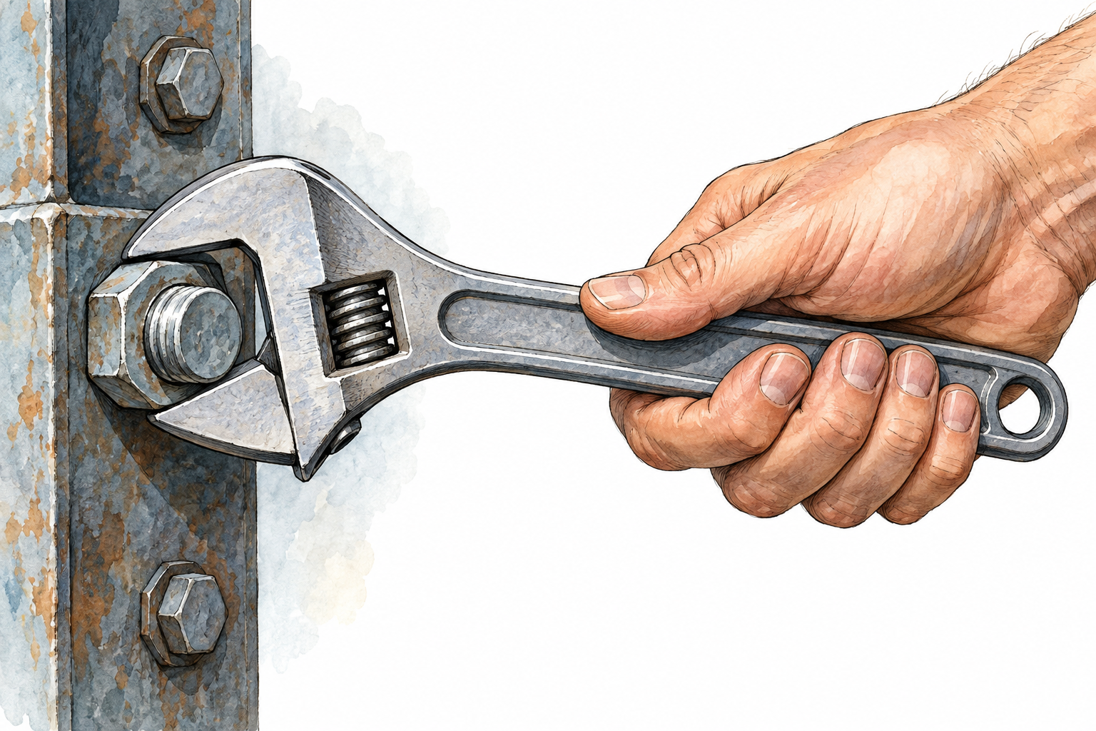 Steel adjustable wrench gripping hexagonal nut, hand turns handle, clear tool geometry.