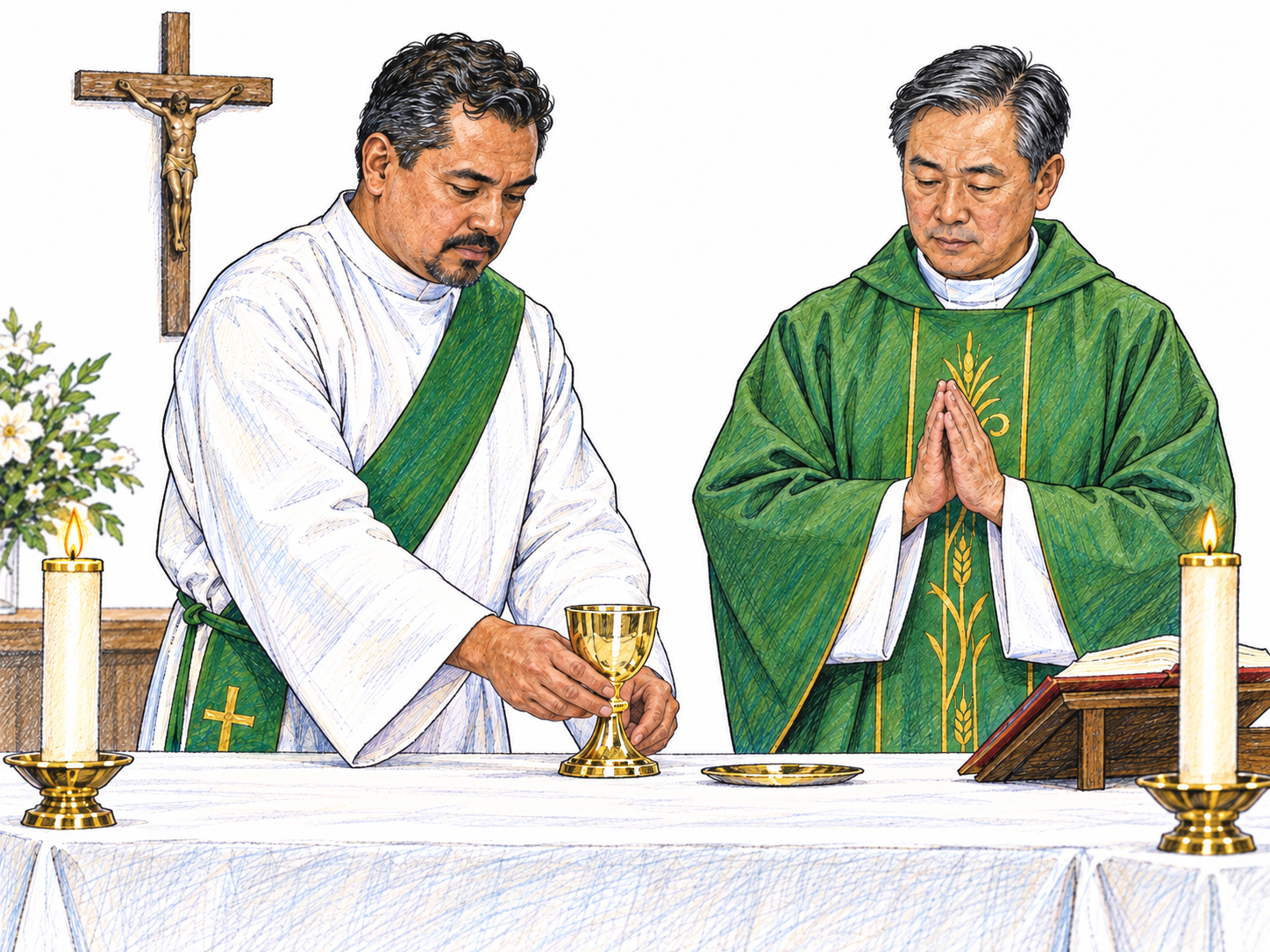 A Catholic deacon, identifiable by a diagonal stole over his alb, assists a priest at a simply depicted altar by placing a chalice beside the paten.