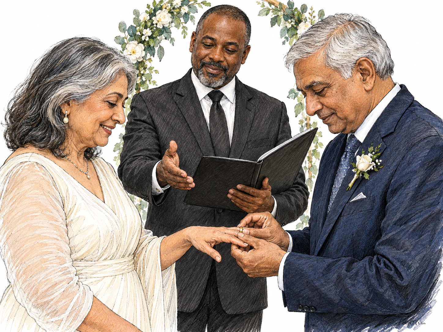 A civil wedding officiant conducts a ring exchange, standing behind an older bride and groom with an open ceremony folder and a guiding gesture.