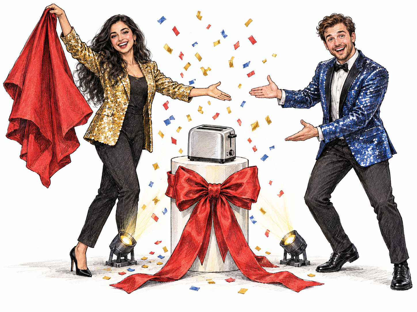 An extravagantly staged reveal of an ordinary toaster: two glitter-jacketed presenters flourish toward it amid a burst of confetti, oversized ribbon and theatrical spotlights.