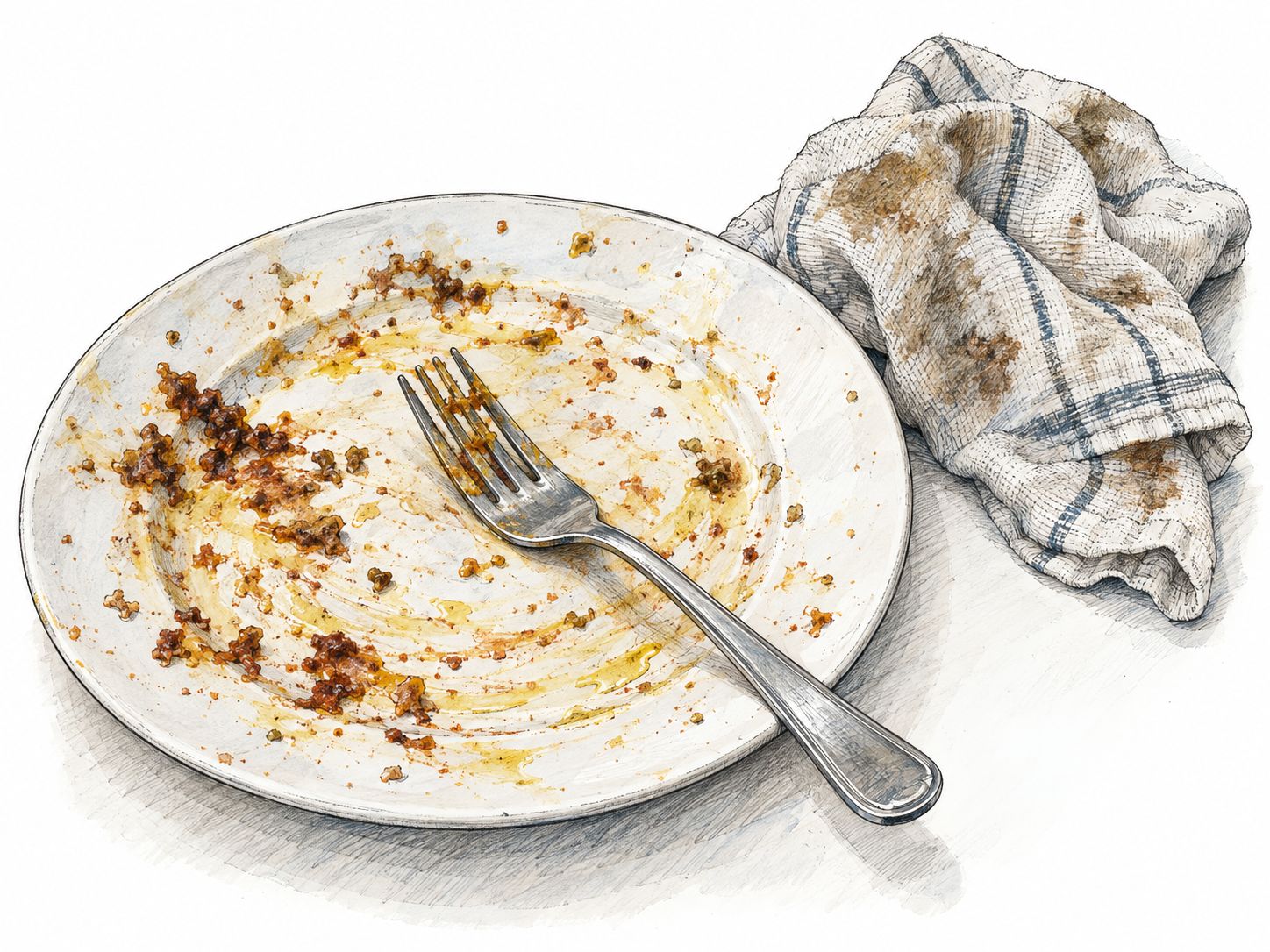 A visibly filthy plate and fork beside a crumpled, stained dishcloth: dried food, greasy smears, and embedded grime make physical uncleanliness immediately recognizable.