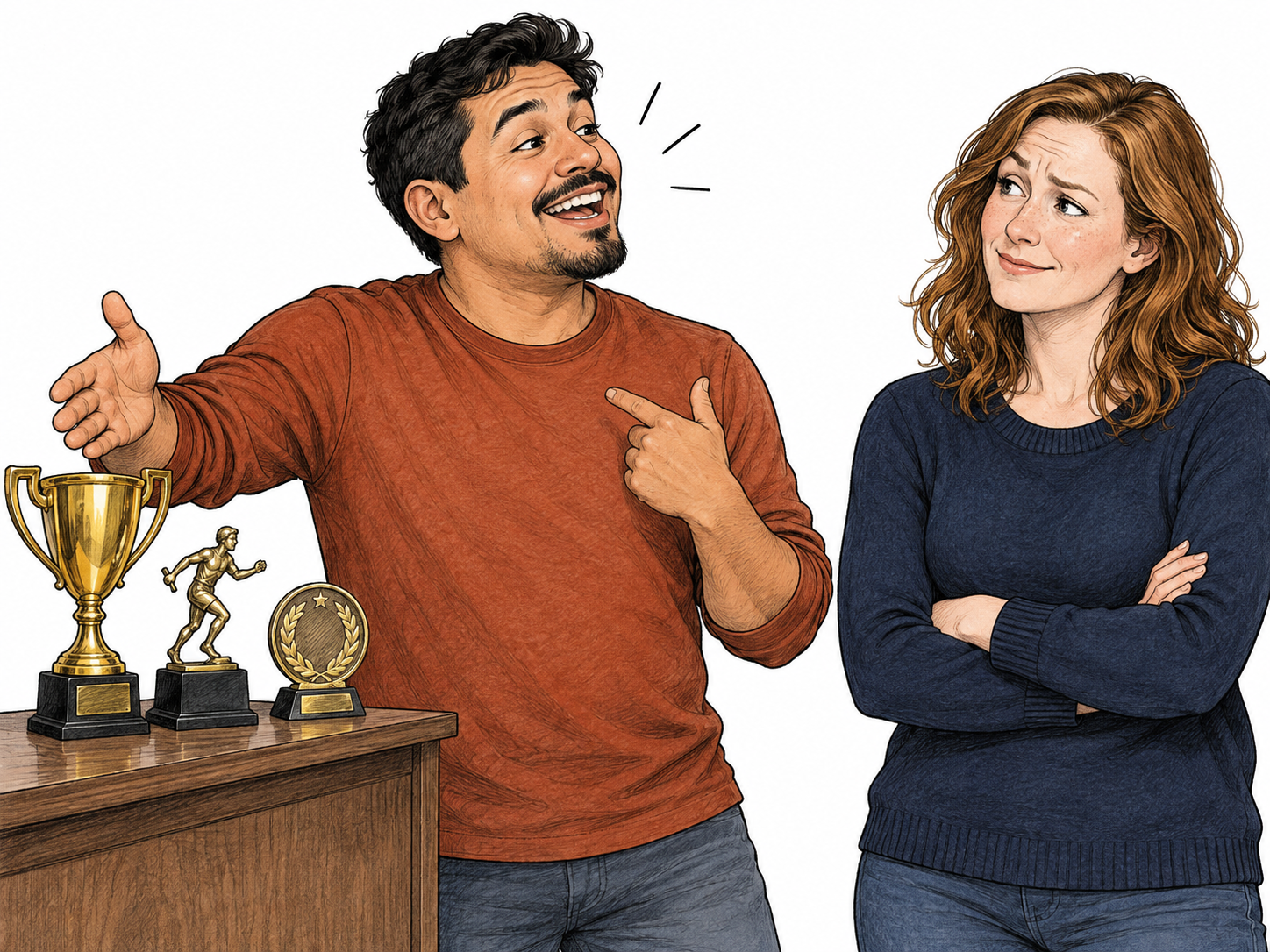 An adult proudly points to a small personal trophy collection while speaking at length to a politely skeptical friend; boastful self-focus clear.