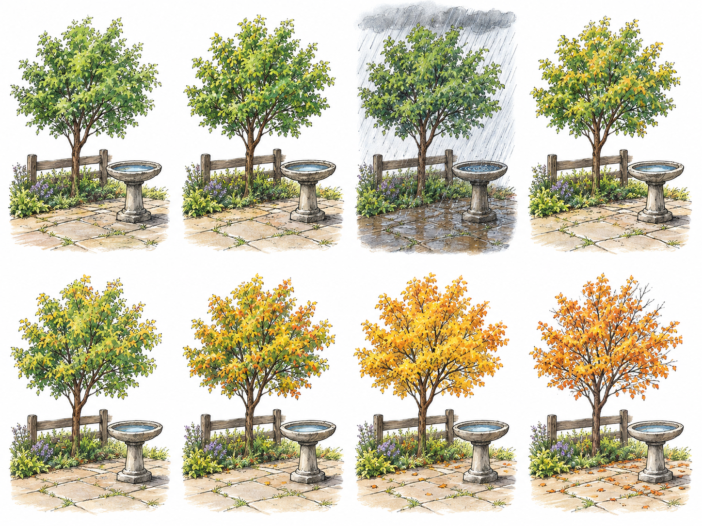 Show infrequent rain through eight successive views of the same small outdoor scene: seven dry occasions and only one rainy occasion.