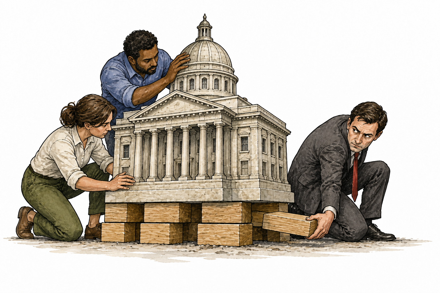 An adult secretly removes support blocks from beneath a model civic building while other people maintain it, metaphorical undermining, no tactics.