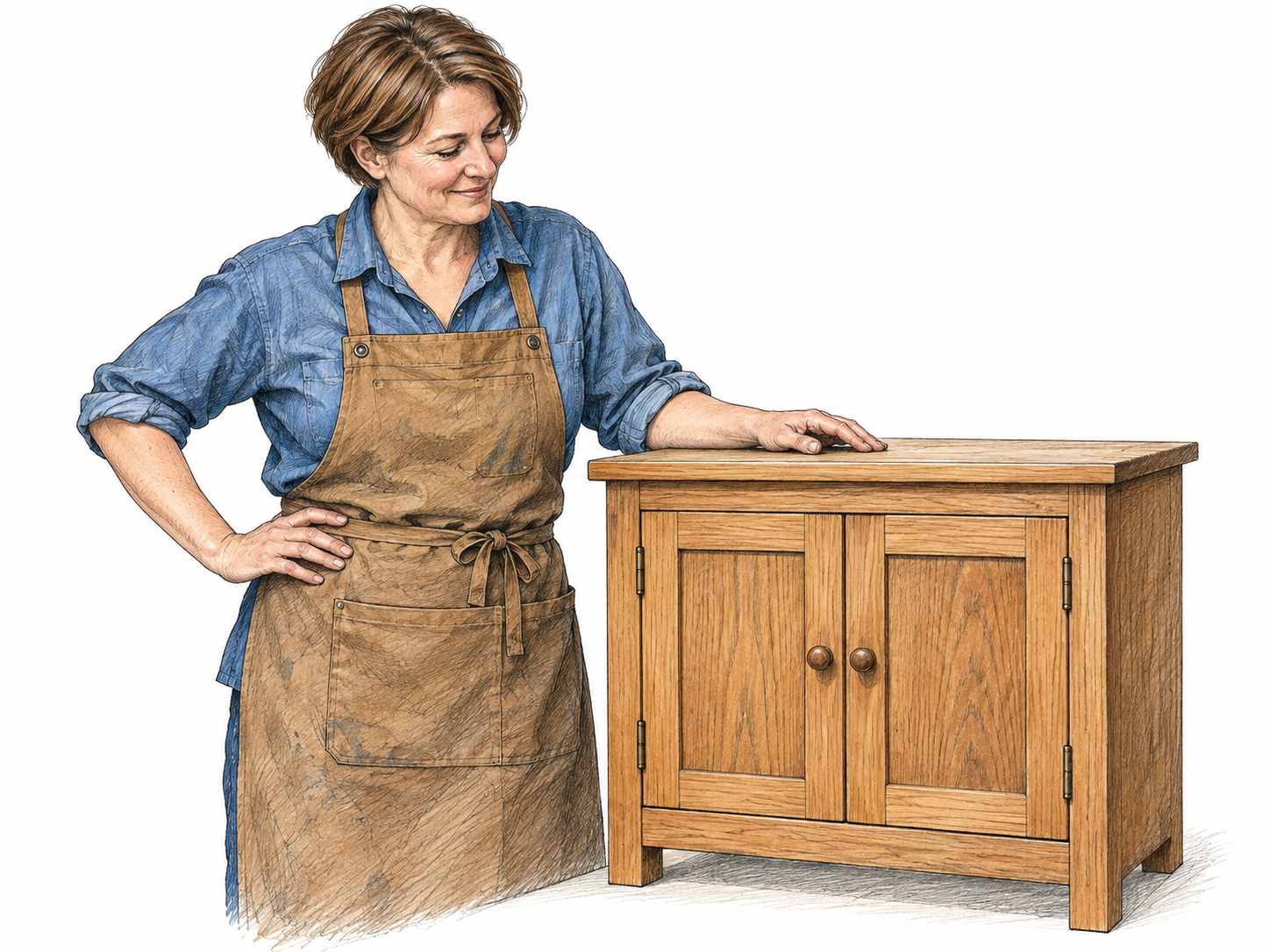 A carpenter stands beside a completed small wooden cabinet, smiling with quiet satisfaction at the well-fitted doors, one hand rests on the finished work; only person and cabinet.