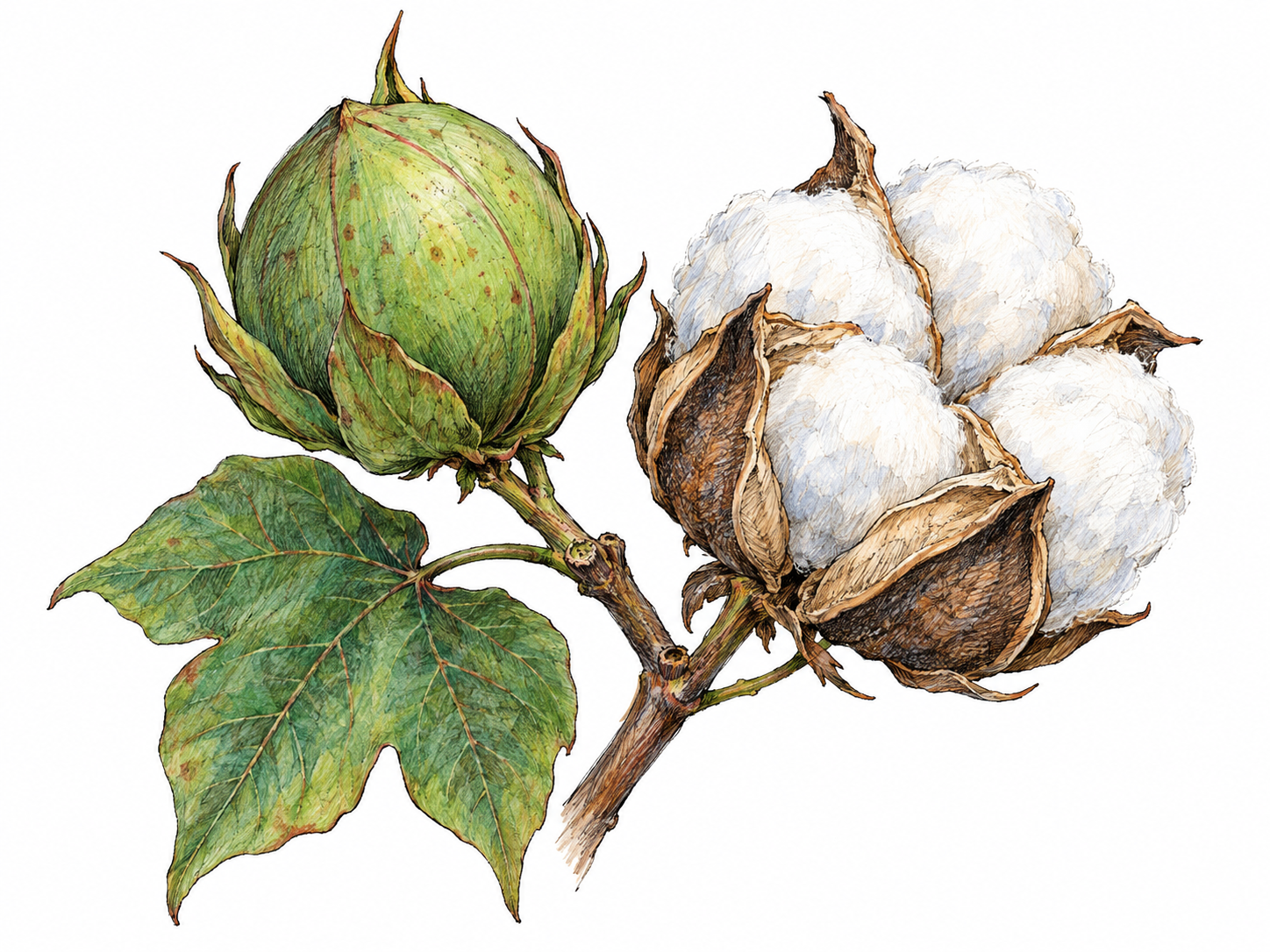 A close-up cotton branch bearing a rounded green seed capsule and a mature split boll, with white cotton emerging between the opened capsule walls.
