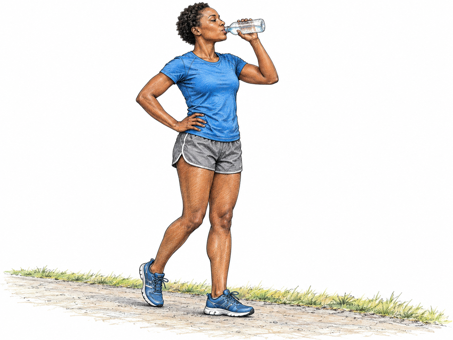 A runner pauses briefly beside a path to sip from a plain water bottle, one foot poised to resume, relaxed rather than exhausted; only runner, bottle and short path strip, no timer or writing.